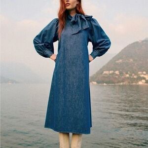 Sezane Blue Denim Midi Dress with Bow Collar